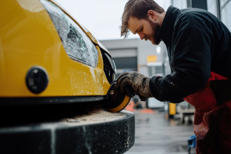 A worker is using polishing equipment to repair a damaged yellow bumper inside an auto shop. The setting is busy, and the worker is focused on restoring the vehicle's appearance.の素材