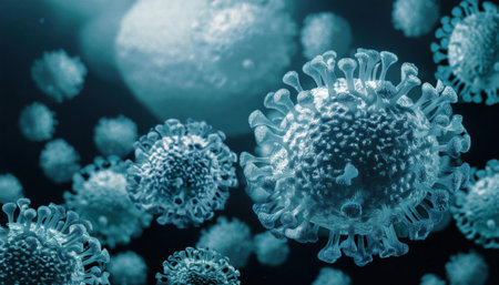 This visual representation showcases viruses magnified under a microscope, highlighting their detailed structure.の素材