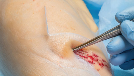 A skilled medical professional uses a scalpel to make a precise incision on the skin during a surgical operation. The sterile environment emphasizes the importance of careful technique and hygiene.の素材