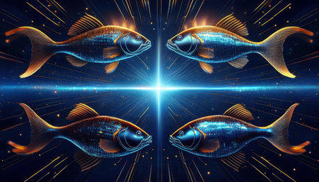 A creative take on the Pisces zodiac features four colorful fish on a glowing backdrop, emphasizing their vibrant scales.の素材