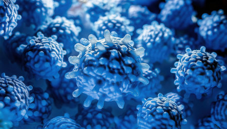 A detailed microscopic observation reveals clusters of viruses, showing their intricate surfaces and structures under blue illumination, emphasizing their unique features.の素材