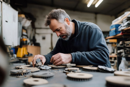 In an automotive repair shop, a man carefully examines worn brake pads on a table covered with parts. He focuses intently on his task, surrounded by tools and machinery.の素材