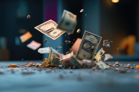 Currency notes scatter as they fall, symbolizing a crumbling economic model. The background shows blurred, dimly lit surroundings, enhancing the sense of breakdown.の素材