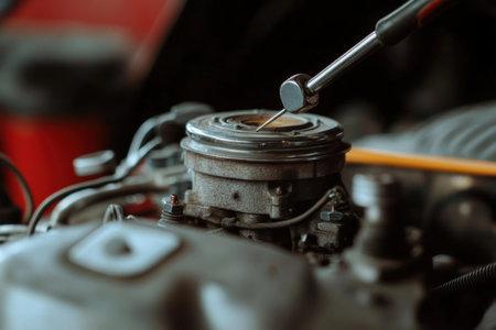A screwdriver is actively adjusting a small component of a car engine inside a garage. Tools are scattered, while a focus on precision in vehicle maintenance is evident.の素材