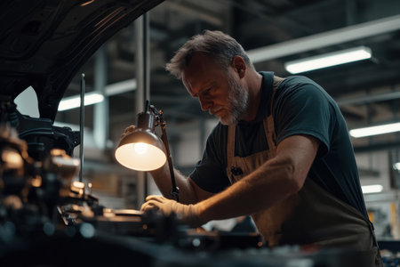 A technician is focused on inspecting machinery under a warm lamp held in hand. The workshop is well-lit with overhead lights. Tools and parts are visible nearby.の素材