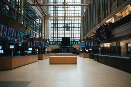 The stock exchange floor is devoid of people, showcasing rows of trading screens and monitors. Bright lights and a large display dominate the open space, indicating financial activity.の素材