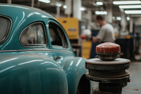 The old car shows noticeable paint damage as it waits in the workshop for repairs. Technicians are seen working on various projects in the background.の素材