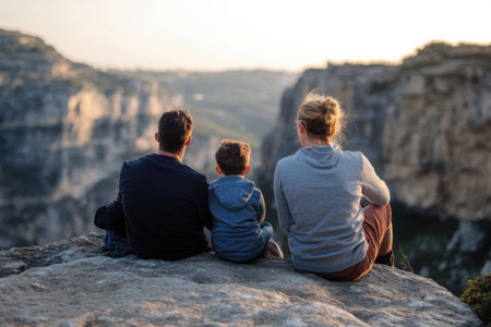 Family composition of three relaxes on the cliff's edge, marveling at the expansive view of mountains and valleys. The warm sunset casts a serene glow over their time together.の素材