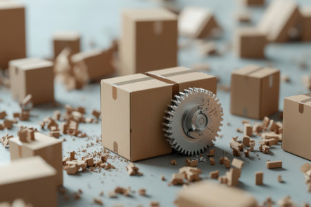 A mechanical failure is observed in a bustling workspace, where boxes are scattered around. The malfunctioning gear is at the center, causing disarray among the packaging materials.の素材