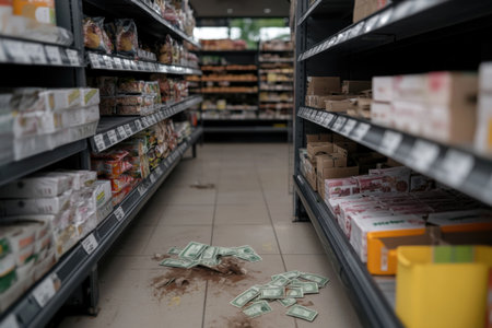 Supermarket shelves are almost completely empty with products missing, revealing the impact of supply chain issues. Trash and money litter the floor, highlighting increasing chaos in the store.の素材