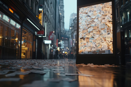 A chaotic scene shows numerous scattered bills and notices covering the streets, symbolizing the escalating debt crisis affecting urban residents, creating an overwhelming atmosphere.の素材