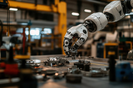 In a modern workshop, a robot mechanic is actively replacing parts on a complex assembly. The environment features various tools and machinery, highlighting advanced technology in action.の素材