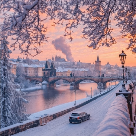 Snow blankets the city of Prague as the sun sets, casting a warm glow over the historic buildings and the Vltava River. A lone car traverses the peaceful, snowy street.の素材