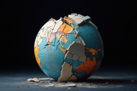 A globe is shown cracking into several pieces, showing fragmented continents and revealing the broken state of the Earth. The visual symbolizes environmental and geopolitical issues.の素材