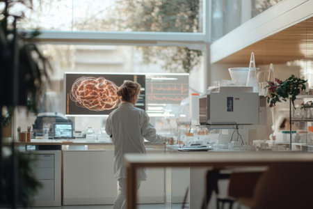 Within a modern laboratory, a scientist engages with advanced neural network technology on a large display, conducting research in a bright and spacious environment.の素材