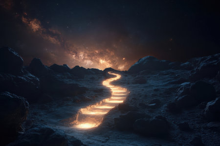 A luminous path snakes through a dark galaxy, guiding the viewer toward a glowing horizon filled with cosmic wonders. Stars twinkle above rocky terrain, creating a mystical atmosphere.の素材