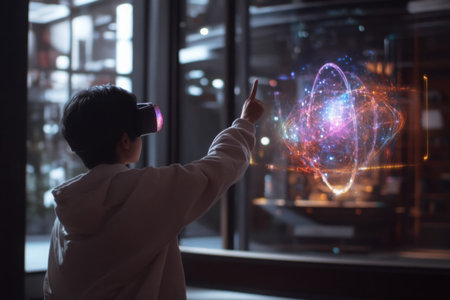 A person wearing a virtual reality headset is exploring cosmic phenomena. They interact with a holographic display showing vibrant, swirling visuals, indicating an immersive educational experience.の素材