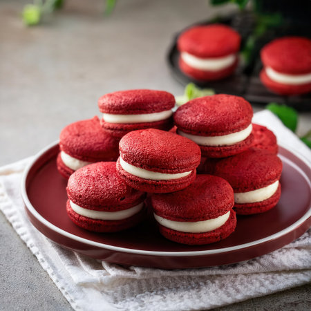 Delicate red velvet sandwich cookies are beautifully arranged on a plate, showing their creamy filling in warm natural light.の素材