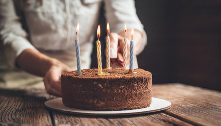 A chocolate cake with lit candles is placed on a wooden table, as someone prepares to celebrate a birthday in a warmly decorated space with soft lighting.の素材
