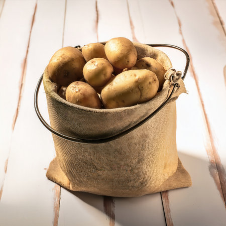 A bagpot filled with freshly harvested potatoes sits on a rustic wooden table, showing the natural simplicity of farm produce.の素材