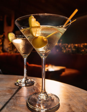 Enjoying crafted cocktails in a cozy lounge with ambient lighting and a view of the city at night, creating a relaxing atmosphere.の素材