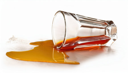 A glass of juice has topped over, splattering orange liquid on the floor of a kitchen, creating a messy but colorful scene during daytime.の素材