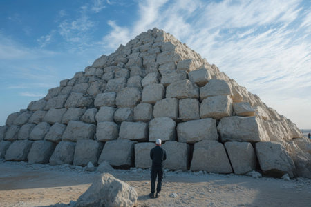 A large stone pyramid stands prominently, built with huge blocks. A person gazes in awe at the remarkable construction, highlighting the ingenuity of ancient design amidst a serene landscape.の素材