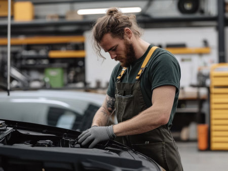A mechanic in uniform focuses intently on repairs, working under the hood of a vehicle in a well-equipped workshop.の素材