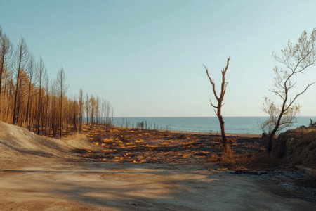 Burnt trees line a barren landscape as the ocean stretches beyond. The stark contrast of charred remnants and an empty shore reflects severe ecological damage caused by climate change.の素材
