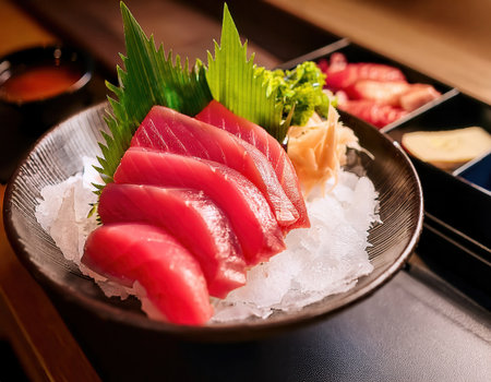 Enjoy the taste of fresh Firefly Tuna sashimi presented beautifully on ice at a cozy Japanese food store with inviting lighting.の素材