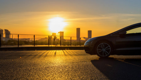 A sleek electric car stands on a city road as the sun sets, casting warm hues over the skyline and creating a striking silhouette. The scene captures a blend of technology and nature.の素材