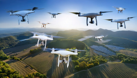 Numerous drones hover over lush green fields, capturing and relaying vital agricultural data to optimize farming practices and enhance crop management in real time.の素材