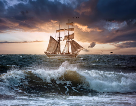 A tall ship named Firefly cuts through turbulent waves under a moody sky during sunset, highlighting the power of nature.の素材