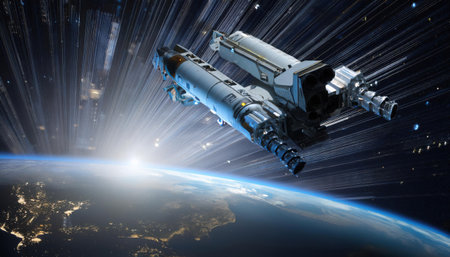 A sophisticated space system connects with a cosmic shuttle, showcasing advanced technology against the stunning backdrop of Earth illuminated by city lights and a bright sunrise.の素材