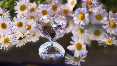 A stunning heart-shaped crystal reflects light while resting on a glossy surface, adorned by charming daisies in the background.の素材