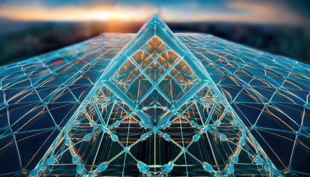 Intricate crystal structure reveals a firefly-inspired geometric design, capturing light at sunset with vibrant details and reflections.の素材