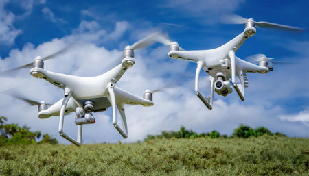 Firefly utilizes drones to gather atmospheric data, focusing on temperature and humidity measurements during a clear day in an outdoor setting.の素材