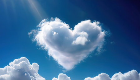 A heart-shaped cloud glows brightly in the clear blue sky, surrounded by fluffy white clouds, evoking a sense of warmth and love.の素材