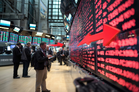 A bustling financial trading floor witnesses panic as stock prices plummet. Red screens dominate, reflecting losses while traders respond to the sudden market downturn.の素材