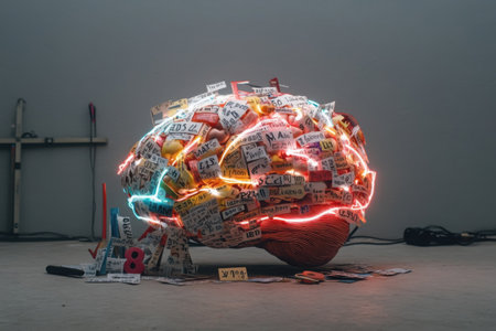A brain model is surrounded by diverse language labels and illuminated with vibrant neon lights.の素材