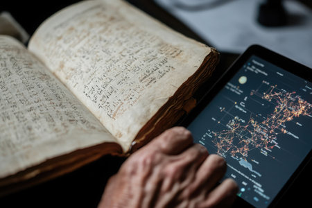 A hand engages with an open ancient manuscript while next to a modern tablet showing a detailed map, highlighting the contrast between old and new knowledge.の素材