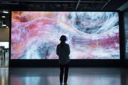 Standing in front of an enormous digital art installation, an individual engages with vibrant, fluid visuals. The gallery's atmosphere combines technology and creativity, inviting exploration.の素材