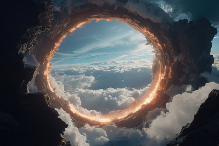 An extraordinary swirling portal emerges amidst fluffy clouds, reflecting light and energy.の素材