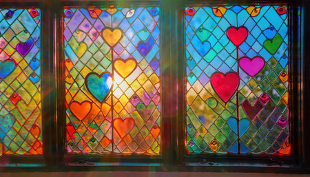 A vibrant stained glass window featuring heart shapes reflects colorful light, enhancing the romantic ambiance at sunset.の素材