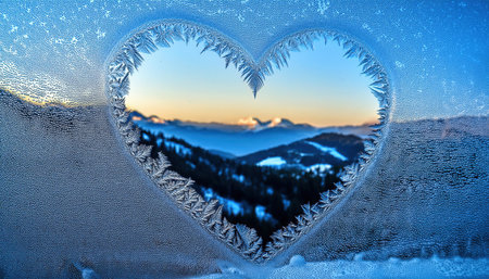 Frosted window features a heart-shaped cutout, showing a breathtaking view of mountains at sunset, surrounded by winter scenery.の素材