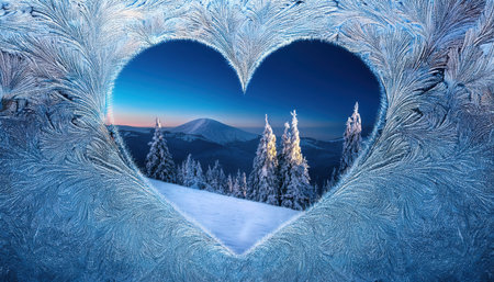 Frost creates a heart-shaped window revealing a tranquil winter scene with snow-covered trees and distant mountains at dawn.の素材