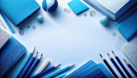 Various blue school supplies are arranged on a flat surface, creating a vibrant and organized workspace ideal for studying.の素材