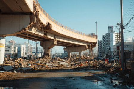 Infrastructure lies in ruins after a devastating natural disaster struck the city. Roads are blocked and debris covers the area as the sun sets behind the horizon.の素材