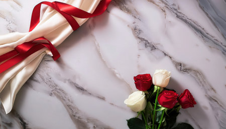 A lovely display featuring red and white roses carefully arranged on a sleek marble background, complemented by delicate ribbons.の素材