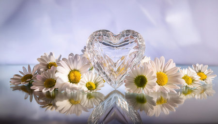 A crystal heart is placed elegantly among delicate white daisies, reflecting beautifully on the surface, enhancing a sense of calm.の素材